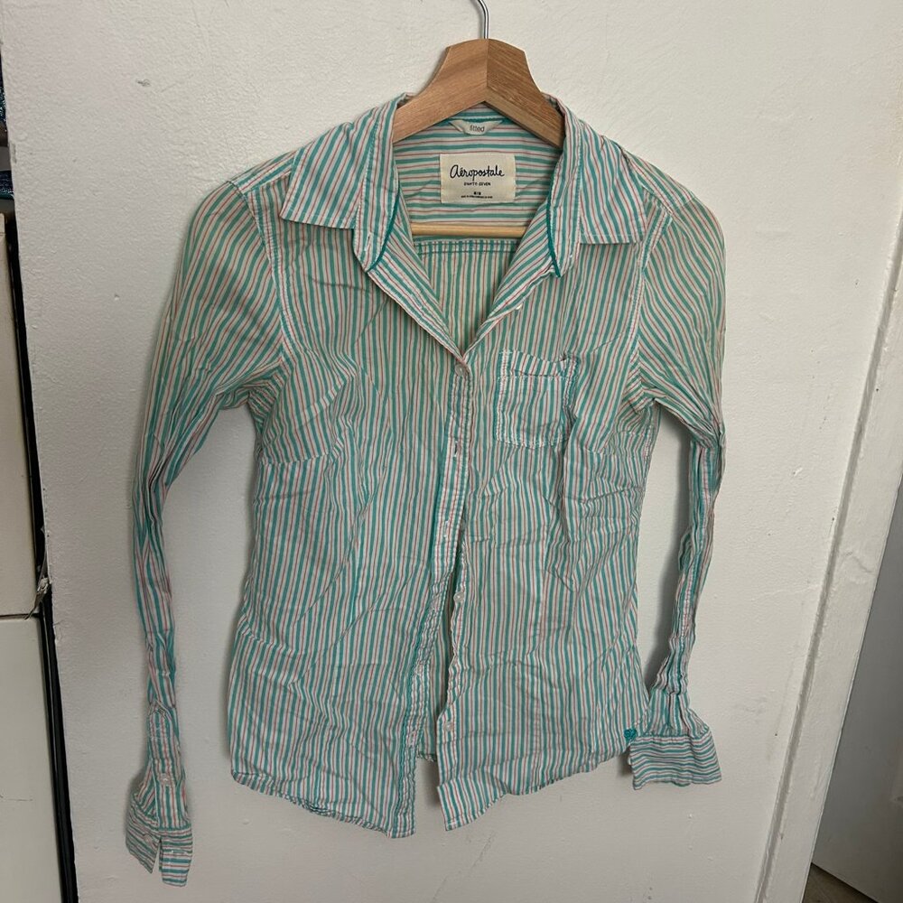 Aeropostale salmon and teal striped button down, size M